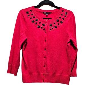 Embellished Red Cardigan Sweater By Cable & Gauge With Black‎ Gems & 3/4 Sleeves